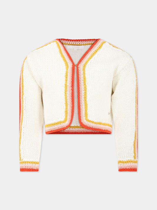 Cardigan bianco per bambina con dettagli multicolor e logo,Chloé Kids,C15D88 117