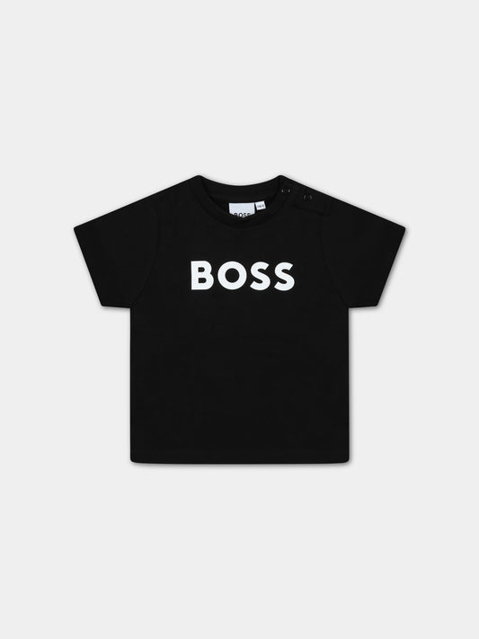 T-shirt nera per neonato con logo bianco,Boss,J05P12 09B