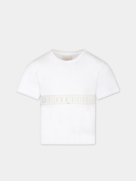 T-shirt bianca per bambina con banda logata,Givenchy Kids,H15297 10P