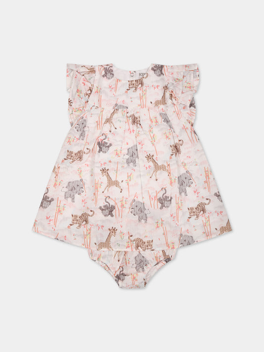 Completo multicolor per neonata con stampa animali e logo all-over,Kenzo Kids,K98113 10P