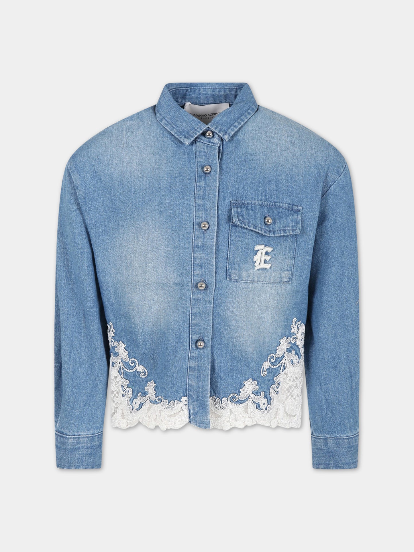 Camicia blu per bambina con logo,Ermanno Scervino Junior,SFCA040C DF020 4006