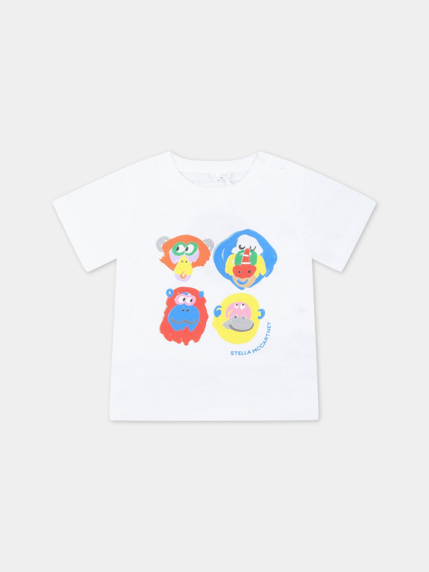T-shirt bianca per neonato con animali e logo azzurro,Stella Mccartney Kids,TS8621 Z0434 100