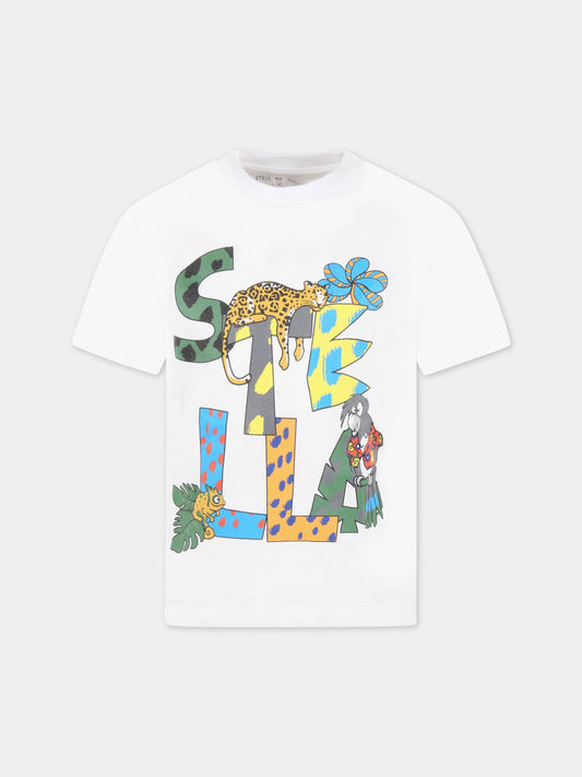 T-shirt bianca per bambini con logo e animali,Stella Mccartney Kids,TS8S91 Z0434 100