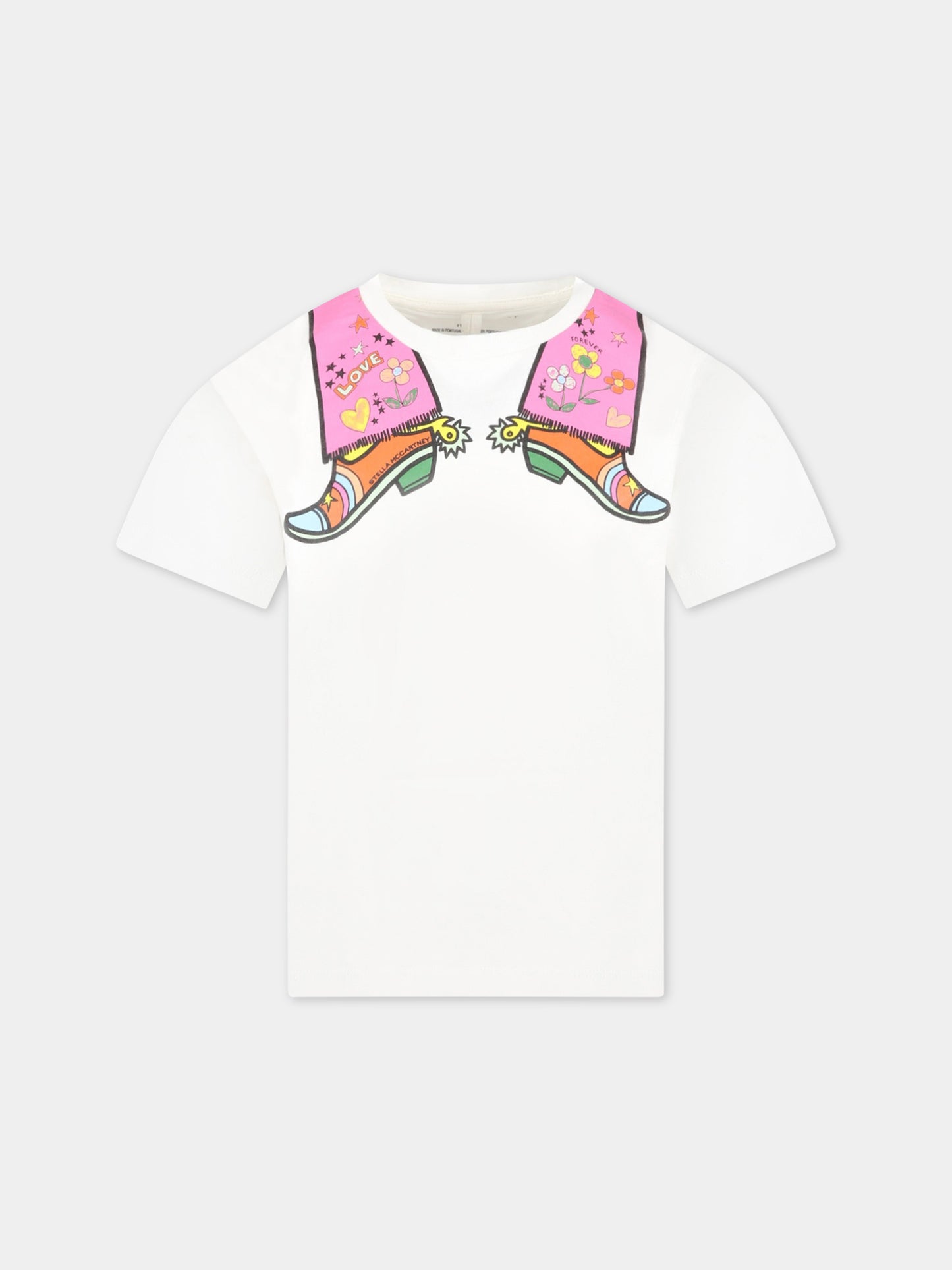 T-shirt bianca per bambina con stivali e logo,Stella Mccartney Kids,TS8D31 Z0434 101