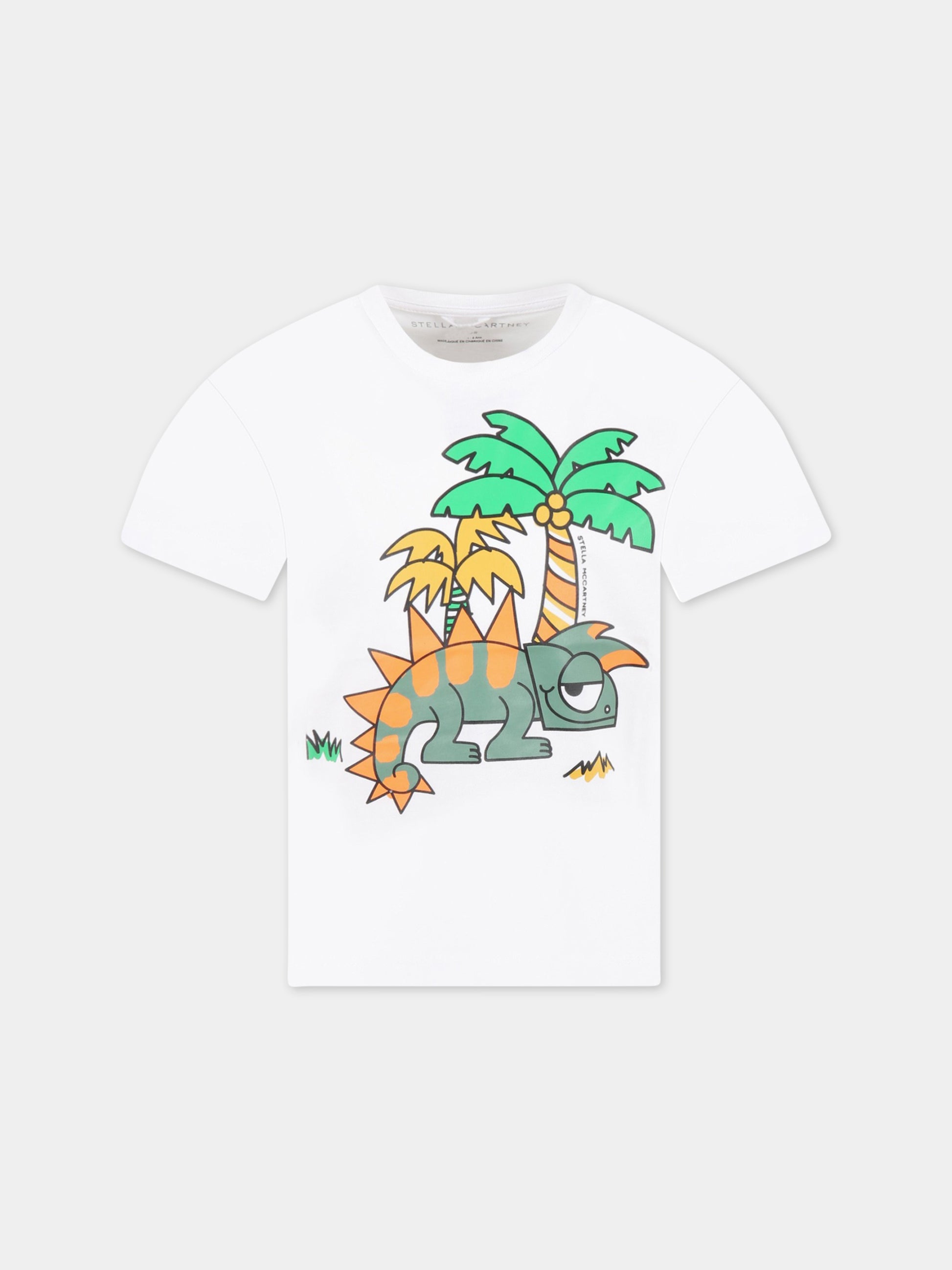 T-shirt bianca per bambino con logo e camaleonte,Stella Mccartney Kids,TS8T21 Z0434 100