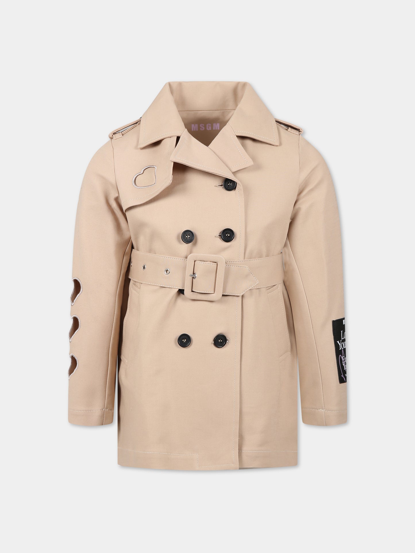 Cappotto beige per bambina con cuori e logo,Msgm Kids,MS029460 015
