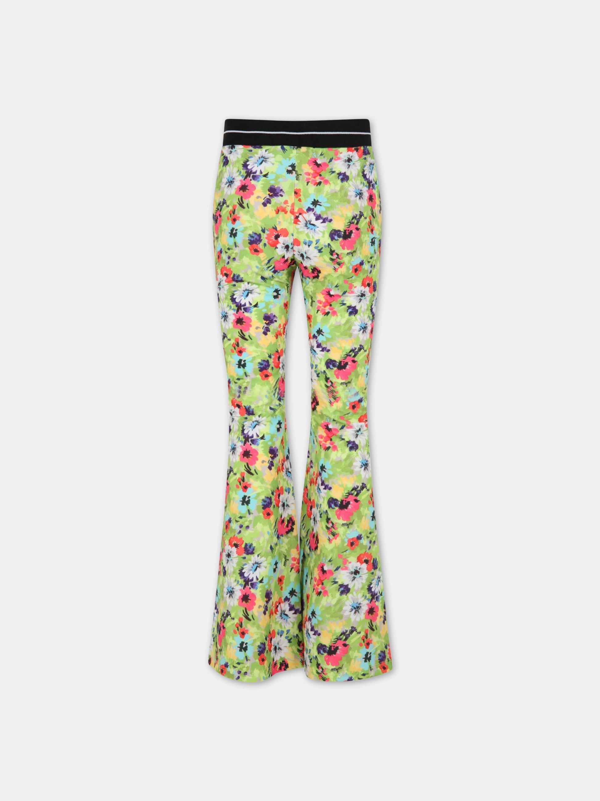 Pantaloni verdi per bambina con fiori e logo,Msgm Kids,MS029493 086
