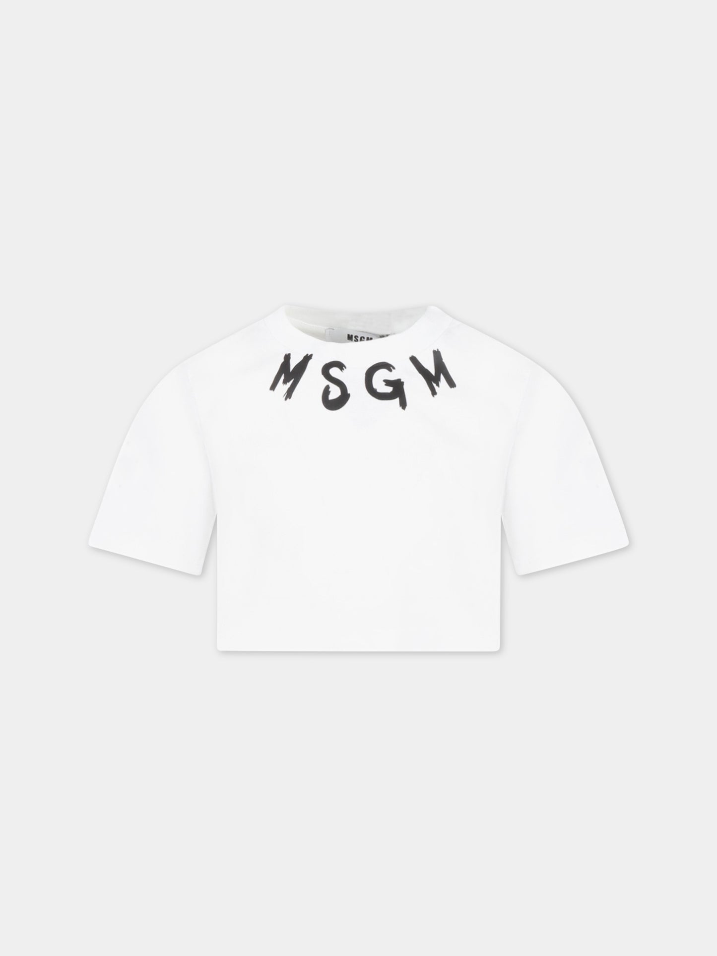 T-shirt bianca corta per bambina con logo nero,Msgm Kids,MS029339 001
