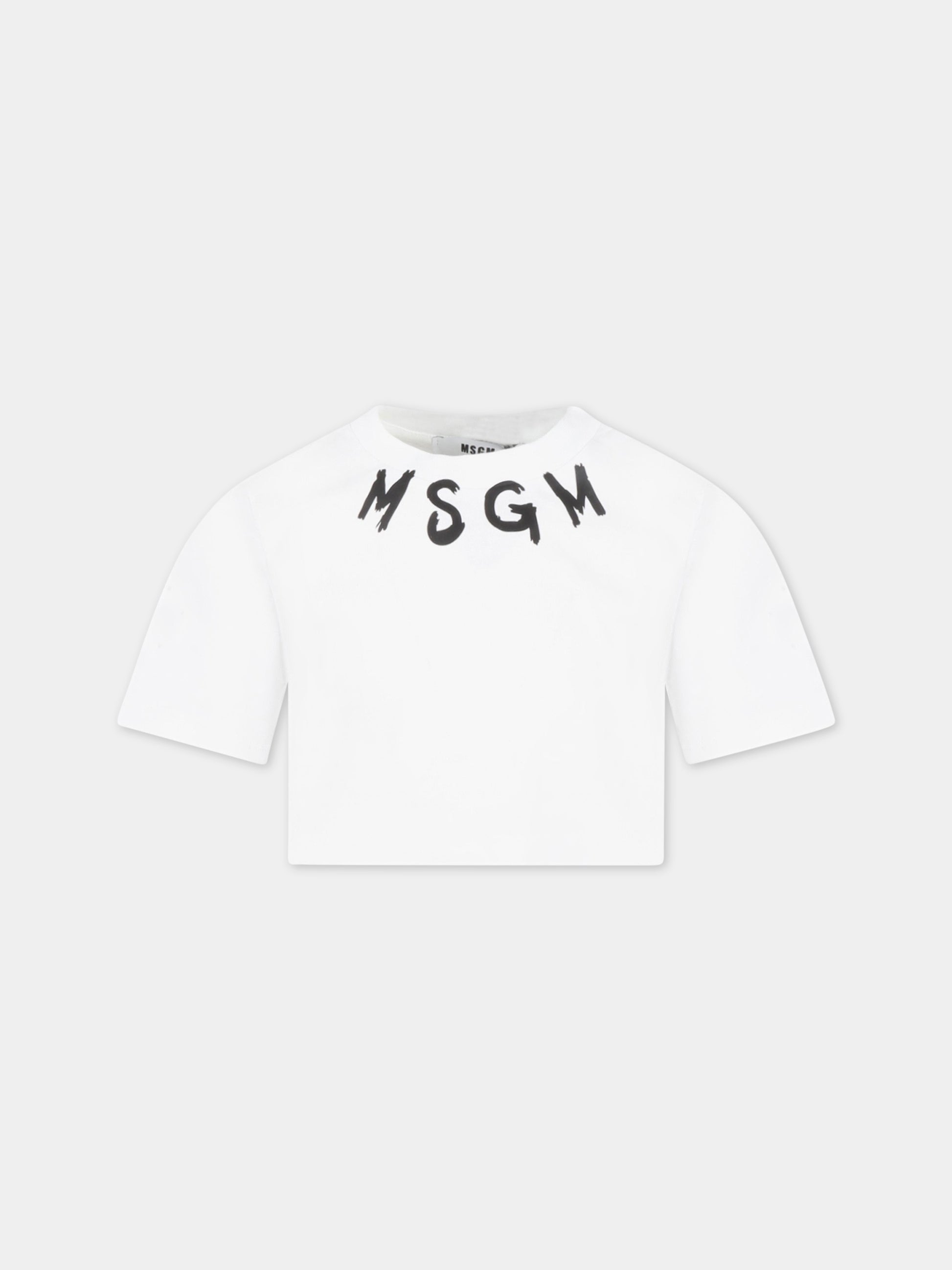T-shirt bianca corta per bambina con logo nero,Msgm Kids,MS029339 001