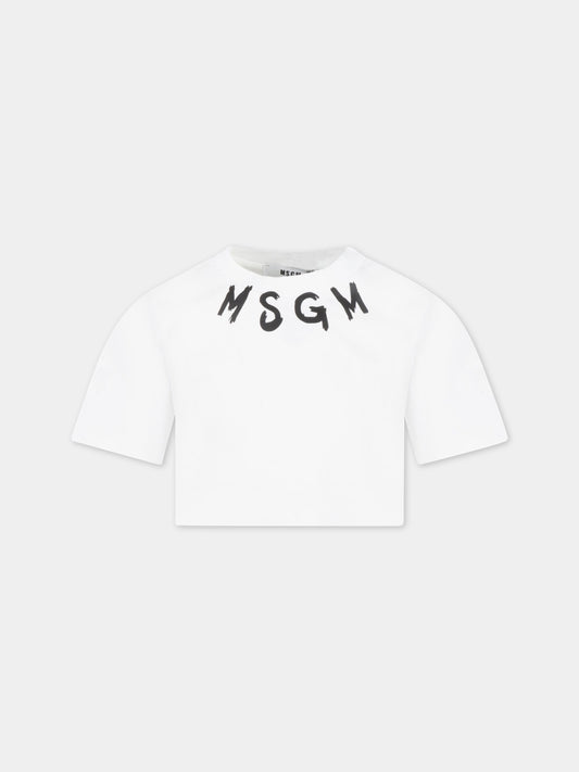 T-shirt bianca corta per bambina con logo nero,Msgm Kids,MS029339 001