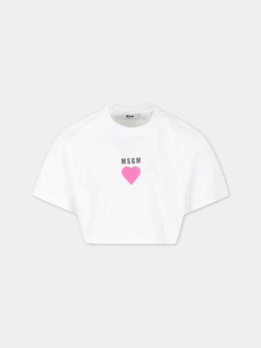 T-shirt bianca per bambina con cuore e logo,Msgm Kids,MS029437 001