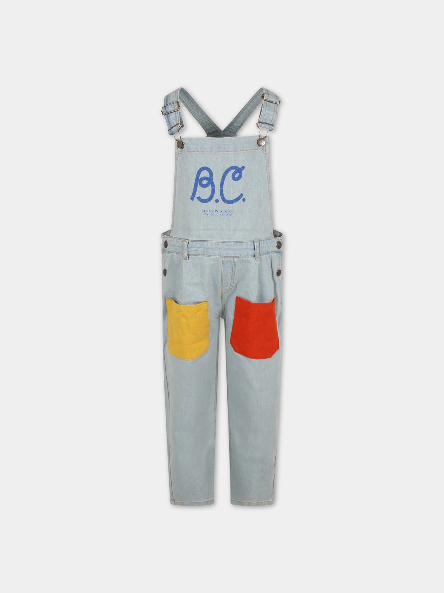 Salopette celeste per bambino con taschini colorati e logo,Bobo Choses,123AC123