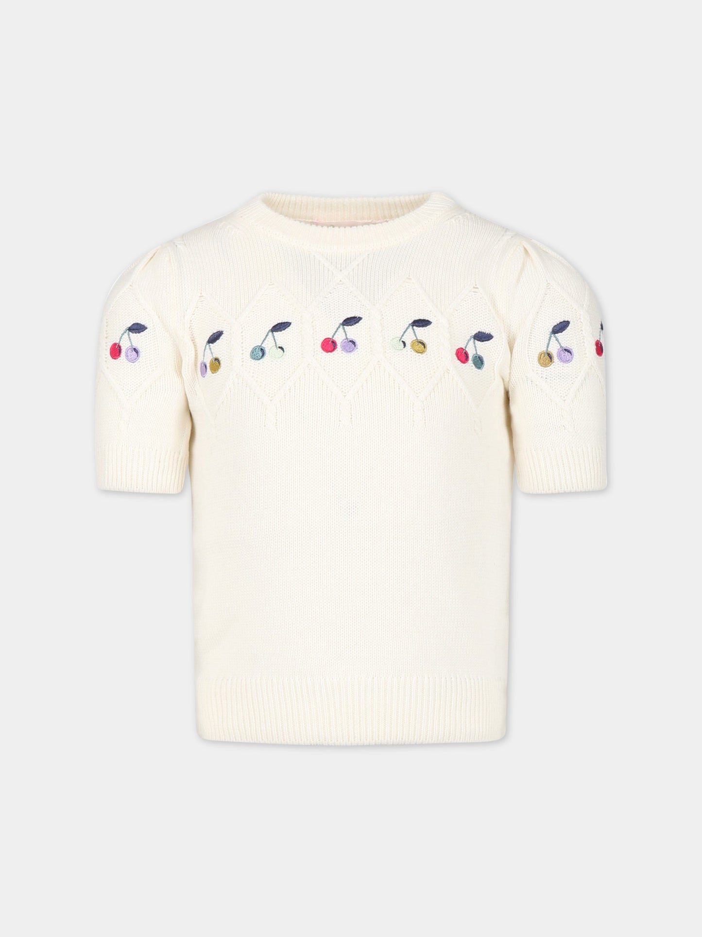 Maglione bianco per bambina con ciliegie ricamate,Bonpoint,S03GJUK00001 080