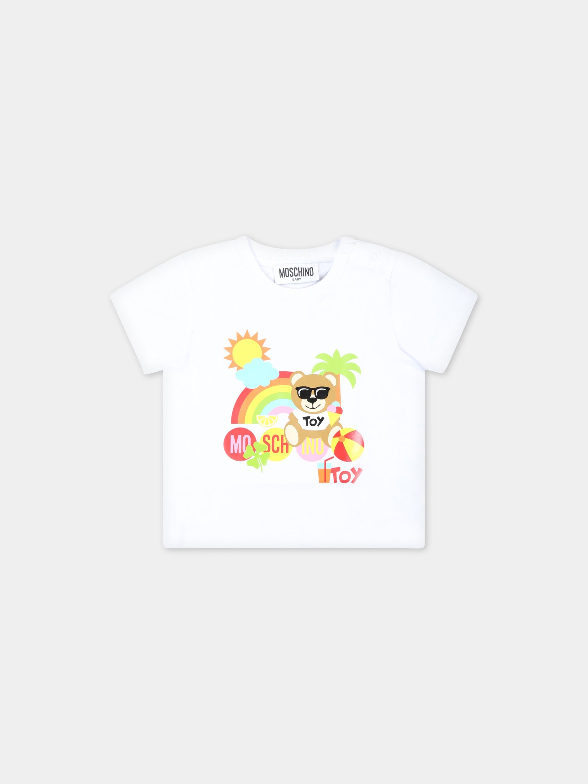 T-shirt bianca per neonati con Teddy Bear sulla spiaggia,Moschino Kids,MMM031 LBA08 10101