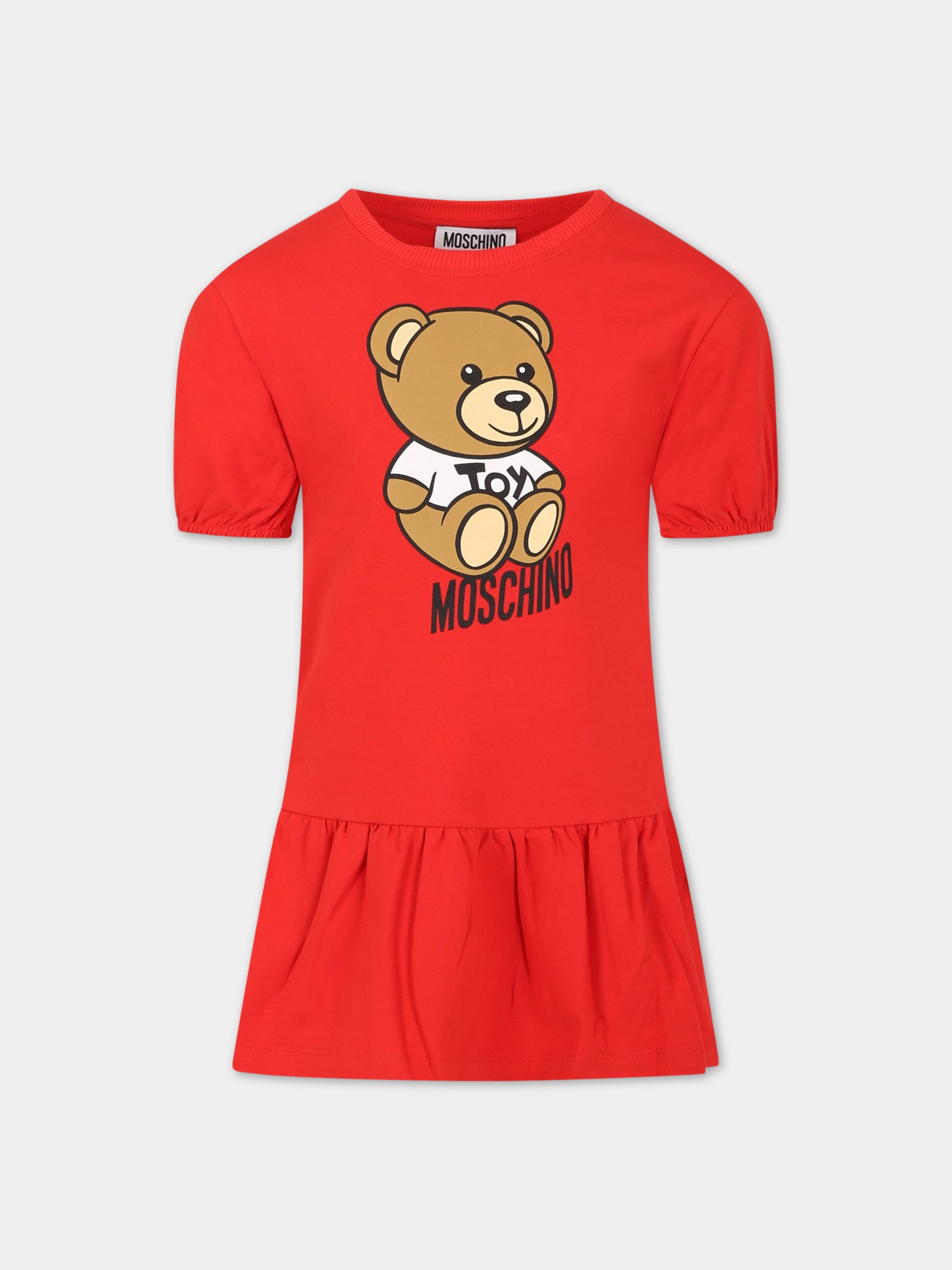 Vestito rosso per bambina con logo e Teddy bear,Moschino Kids,HDV0CQ LBA10 50109