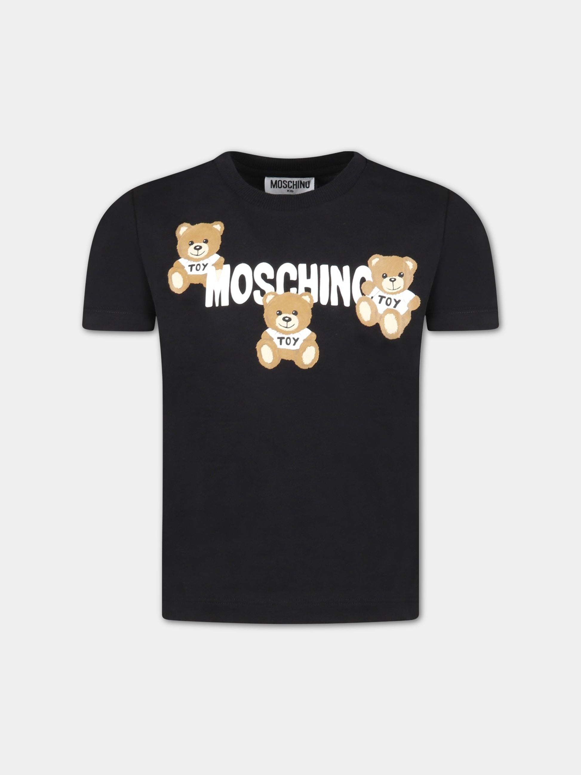 T-shirt nera per bambini con tre Teddy Bear e logo,Moschino Kids,HUM04B LAA23 60100