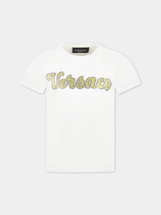 T-shirt bianca per bambina con logo giallo in strass,Versace,1000052 1A06484 2WE60