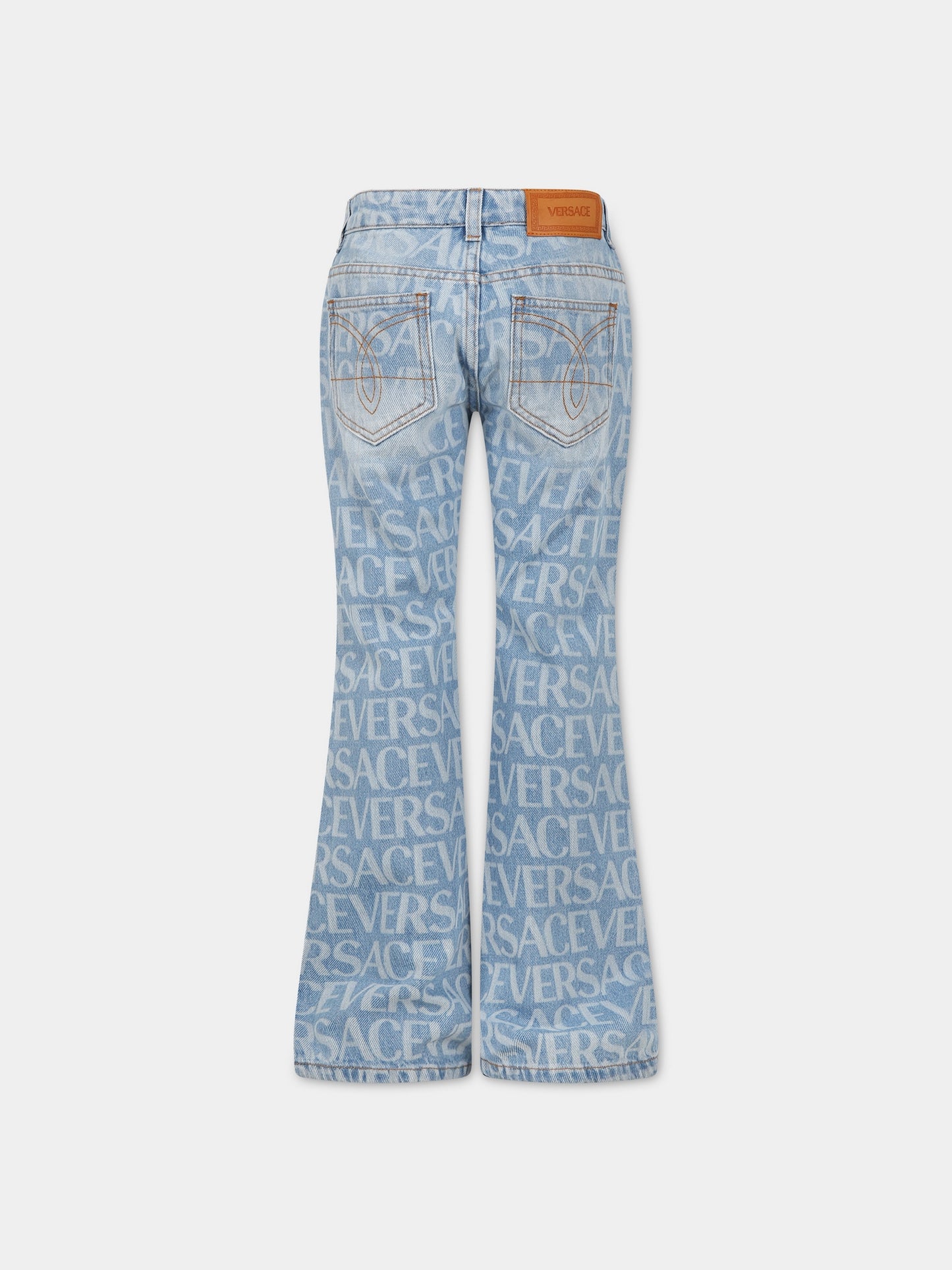 Jeans celeste per bambina con stampa logo,Versace,1000583 1A06524 1D450