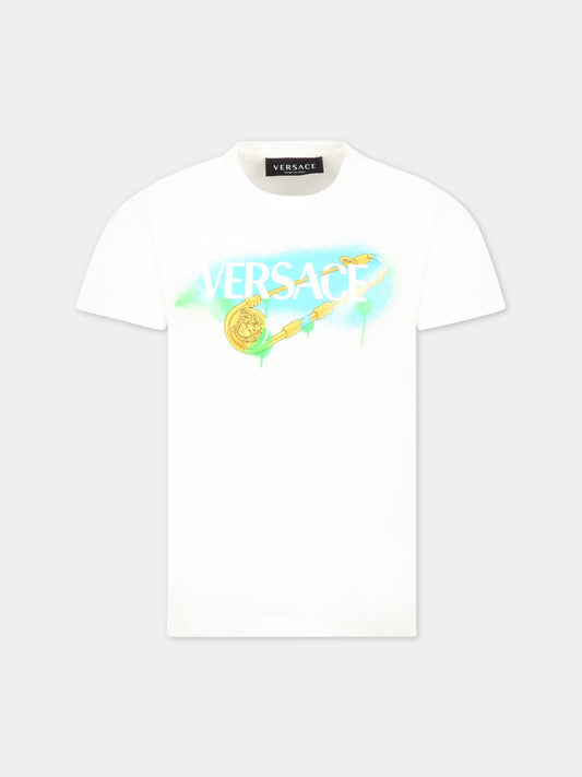 T-shirt bianca per bambino con logo e Spilla Safety,Versace,1000239 1A06523 6W030