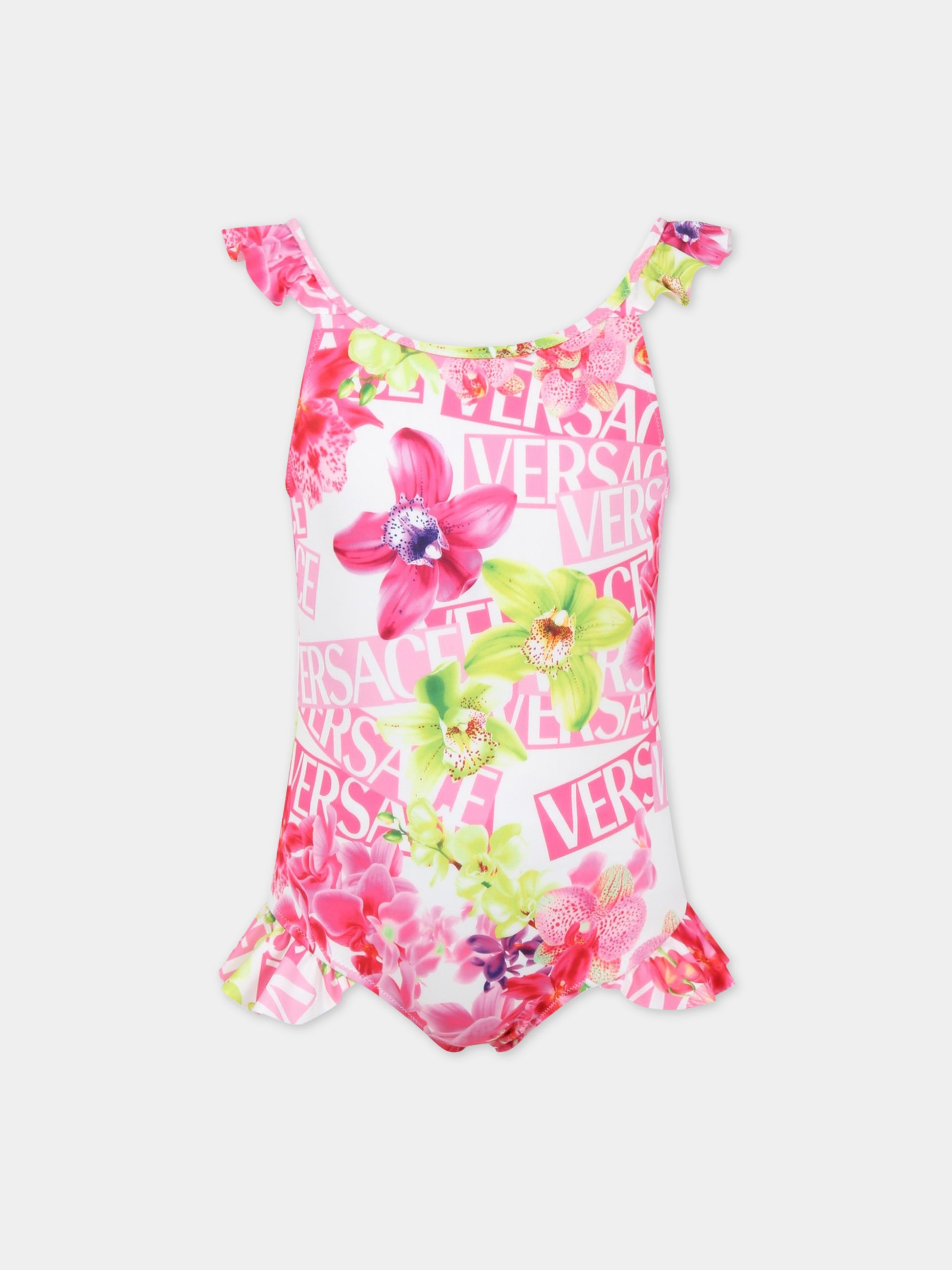 Costume bianco da bagno per bambina con stampa floreale e logo all-over,Versace,1008180 1A06898 5W020