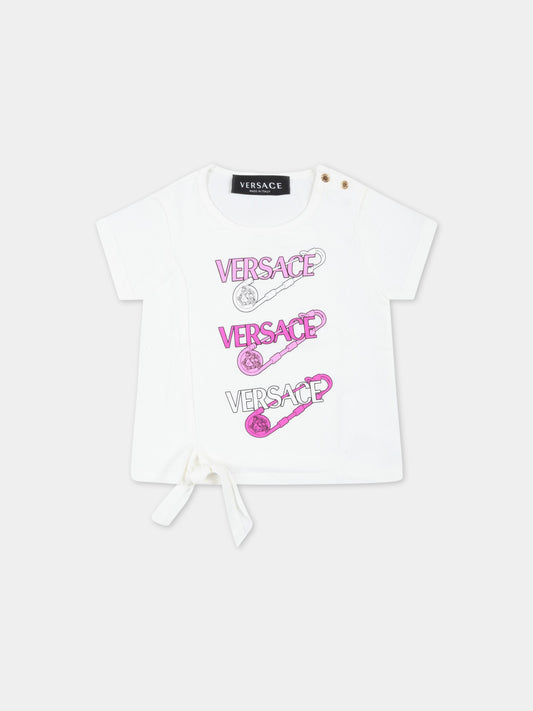 T-shirt bianca per neonata con loghi,Versace,1009113 1A06482 2W070