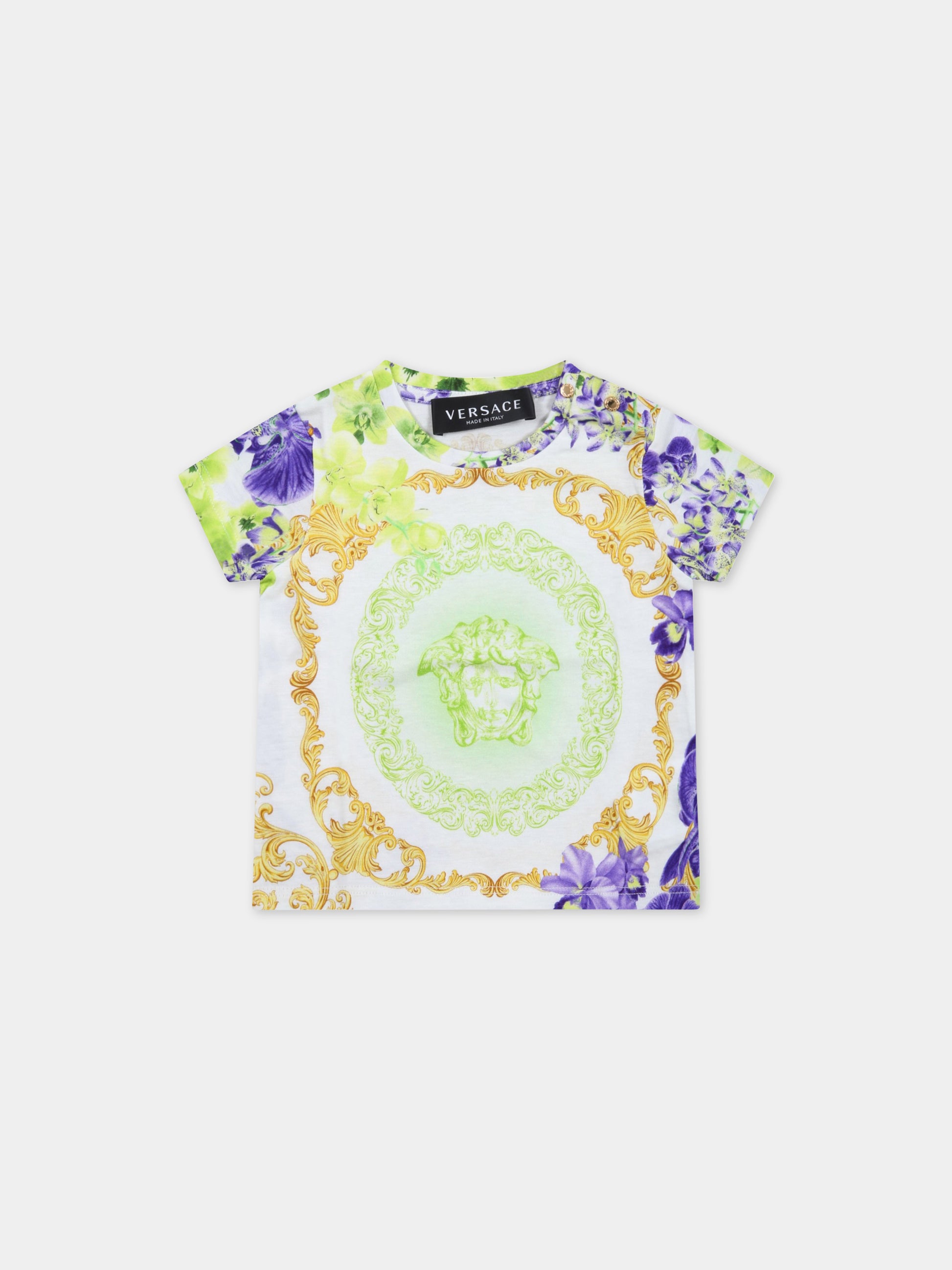 T-shirt bianca per neonata con Medusa e stampa floreale,Versace,1000152 1A06567 5W020