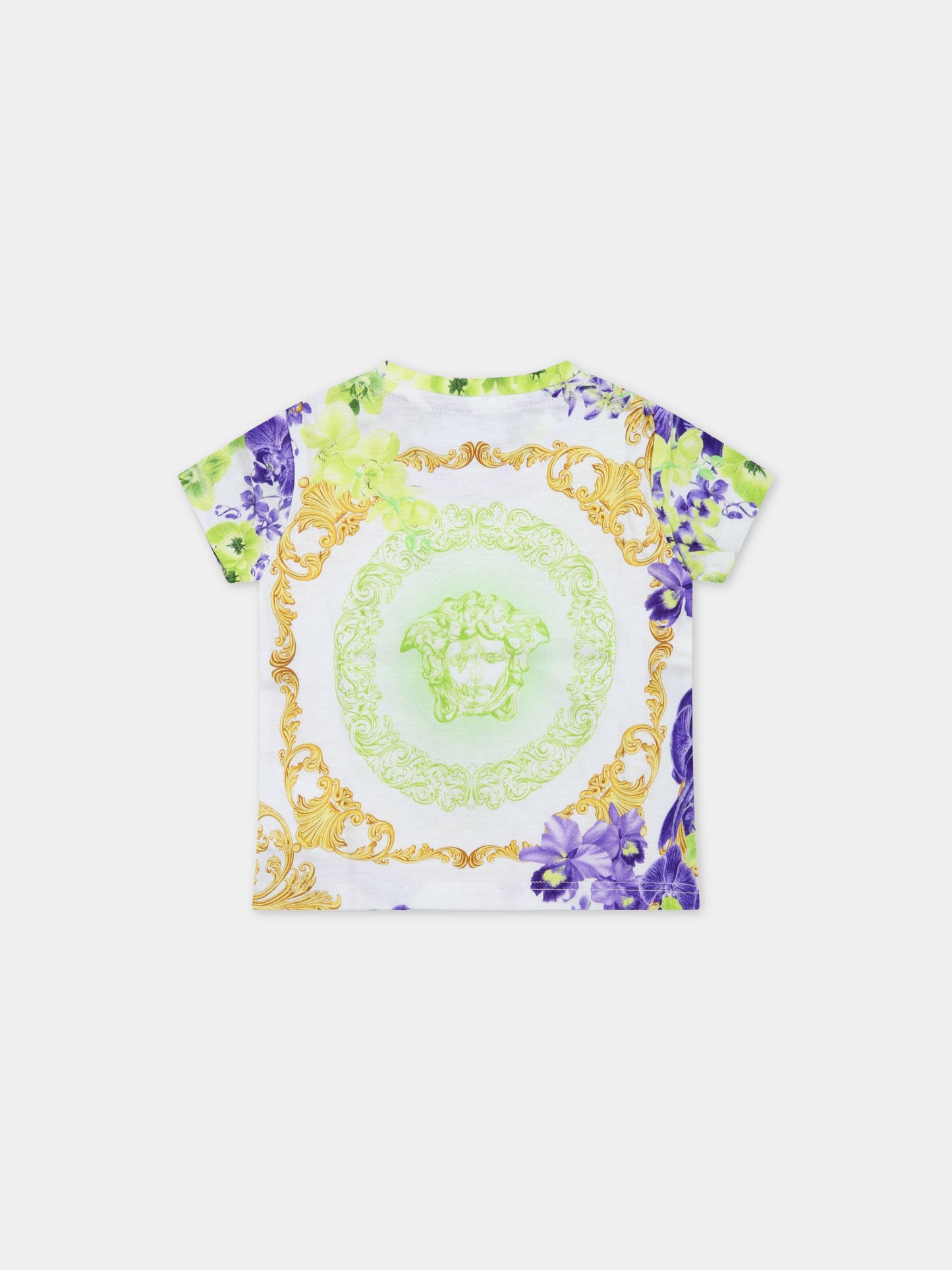 T-shirt bianca per neonata con Medusa e stampa floreale,Versace,1000152 1A06567 5W020