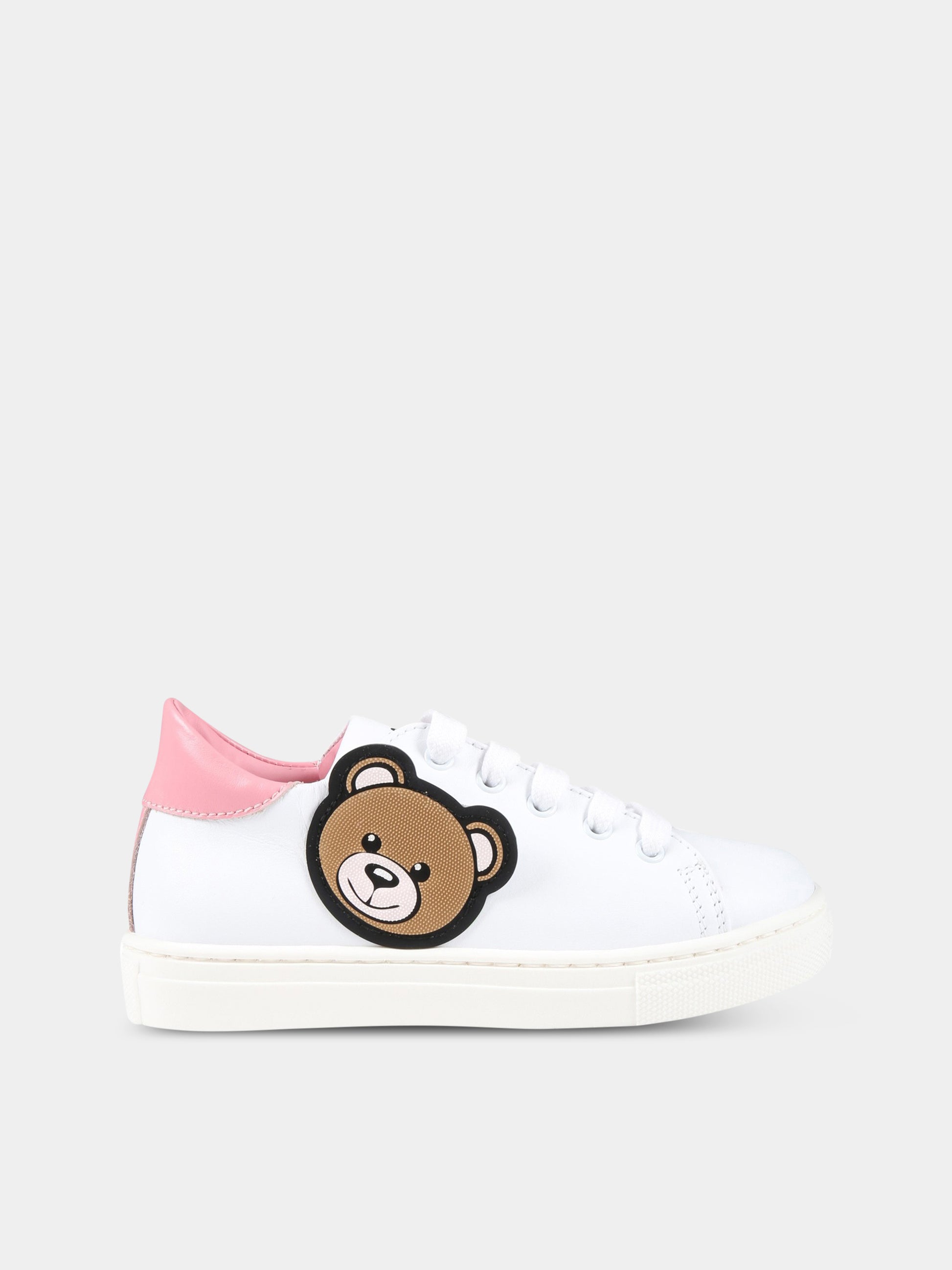 Sneakers bianche per bambina con Teddy Bear e logo,Moschino Kids,74350 1