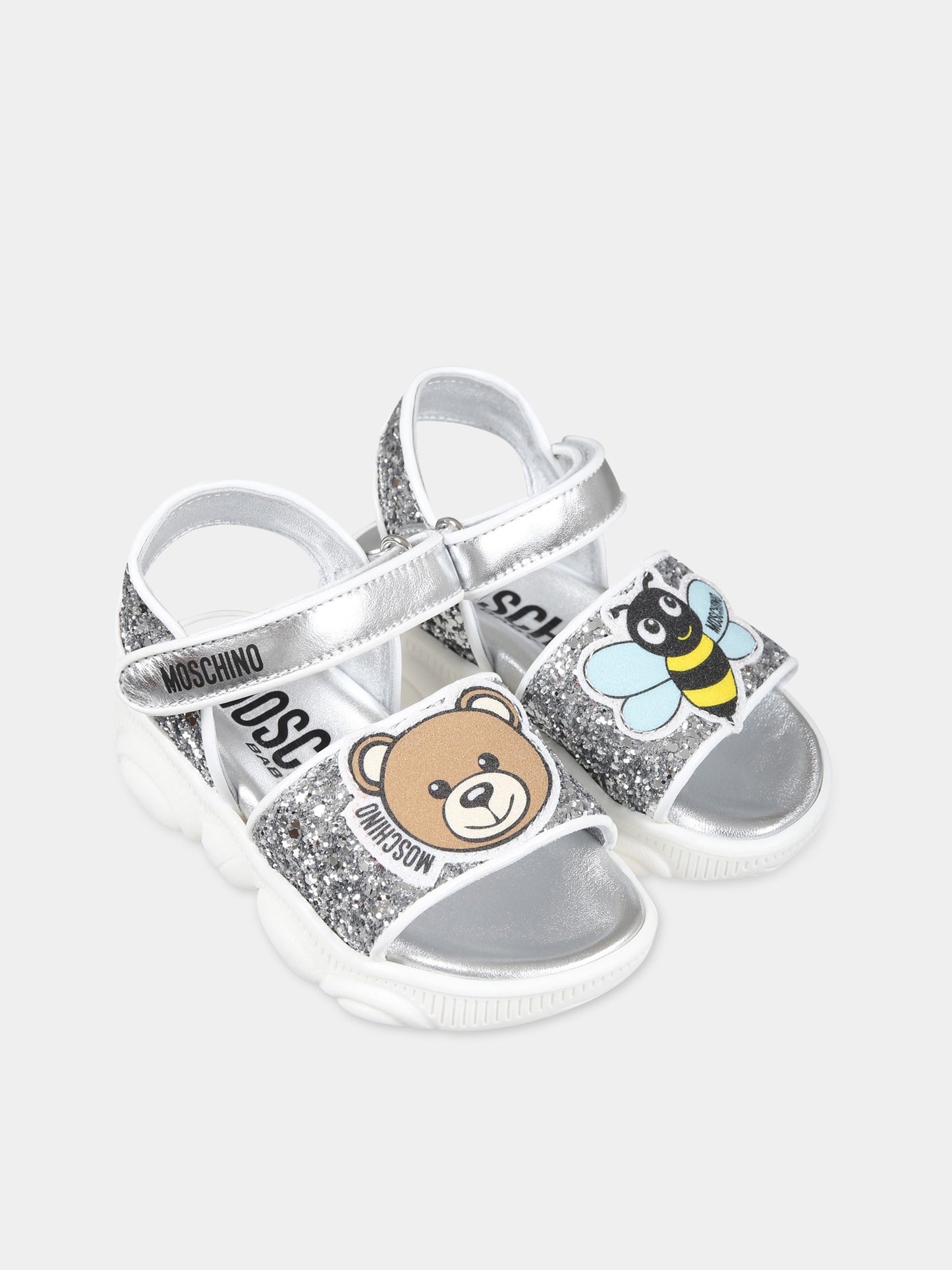 Sandalo argento per bambina con Teddy Bear, ape e logo,Moschino Kids,74316 1