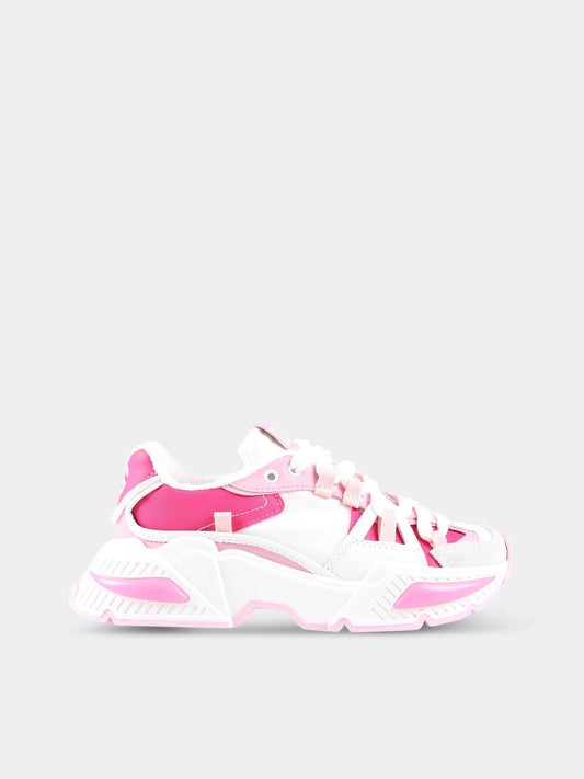 Sneakers bianche per bambina con dettagli rosa e fucsia,Dolce & Gabbana Kids,DA5118 AA399 8V436