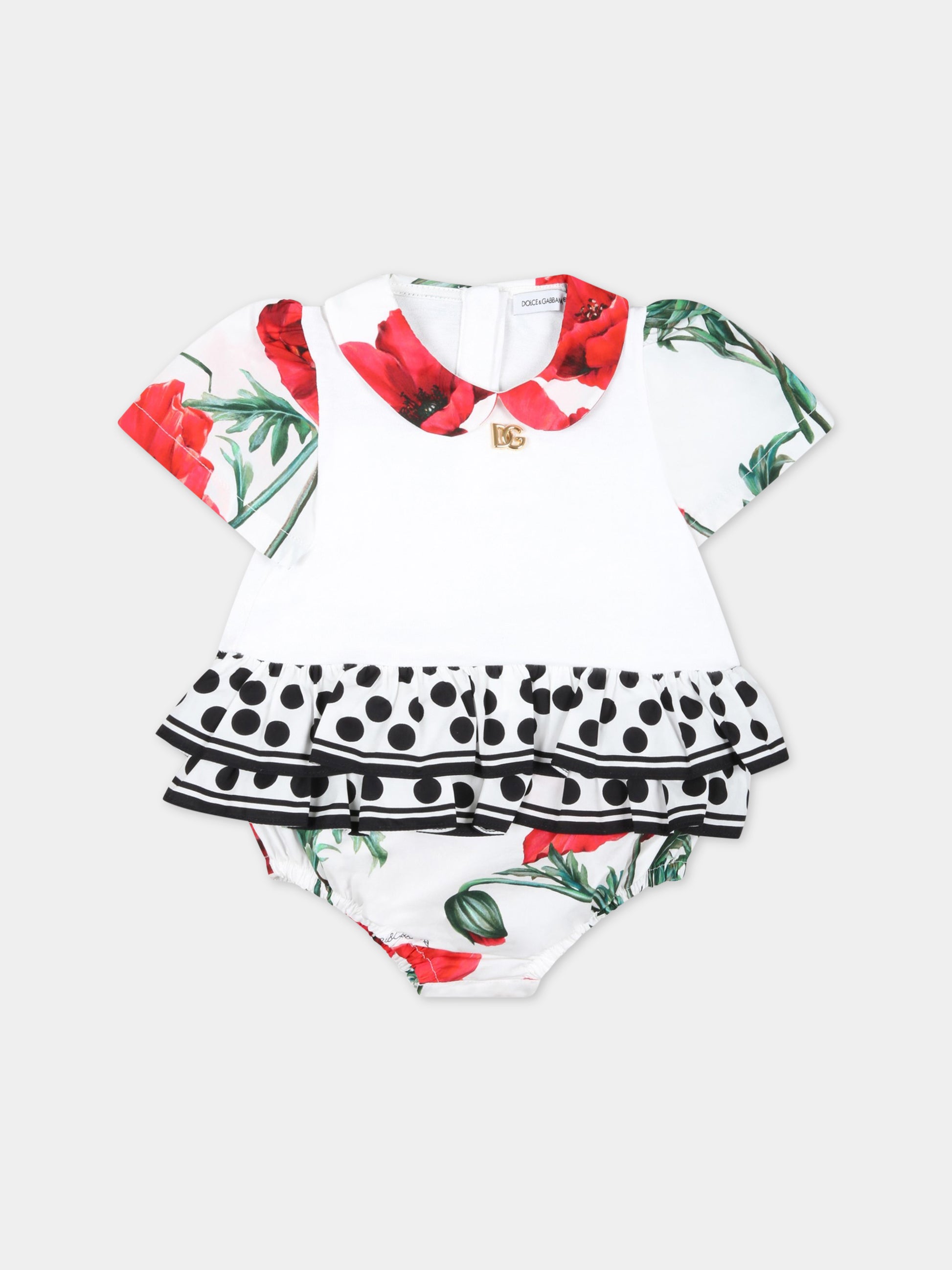 Pagliaccetto bianco per neonata con pois neri e papaverI,Dolce & Gabbana Kids,L21O90 G7H6Q S9000