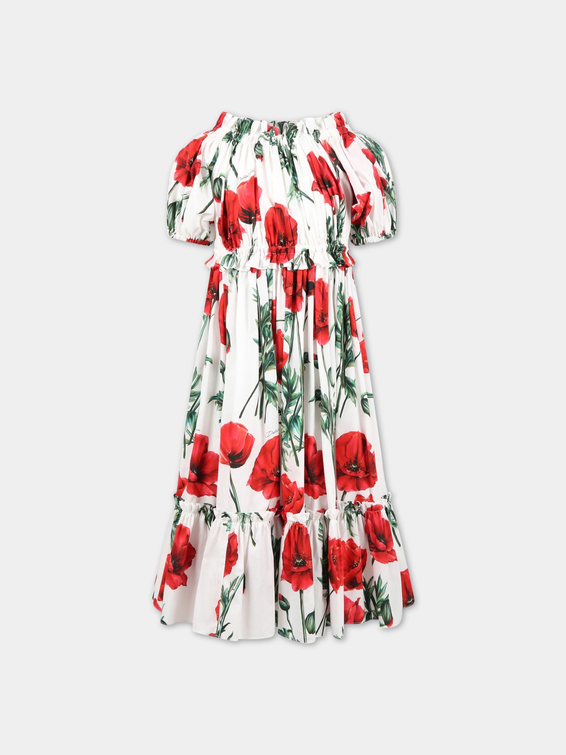 Vestito bianco per bambina con papaveri e logo,Dolce & Gabbana Kids,L53DI4 HS5O1 HA3VN