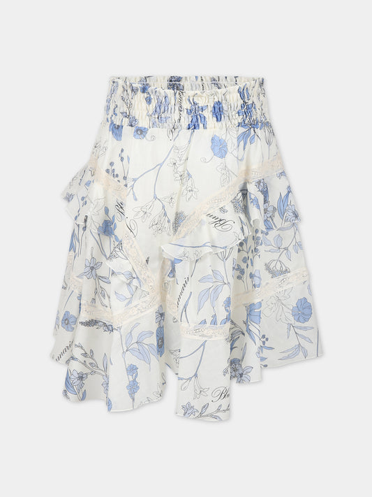 Gonna bianca per bambina con stampa floreale e logo,Blumarine Baby,IA3061T2523 Q9210