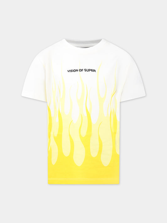 T-shirt bianca per bambino con fiamme gialle e logo,Vision Of Super,TSV3109J GIALLO