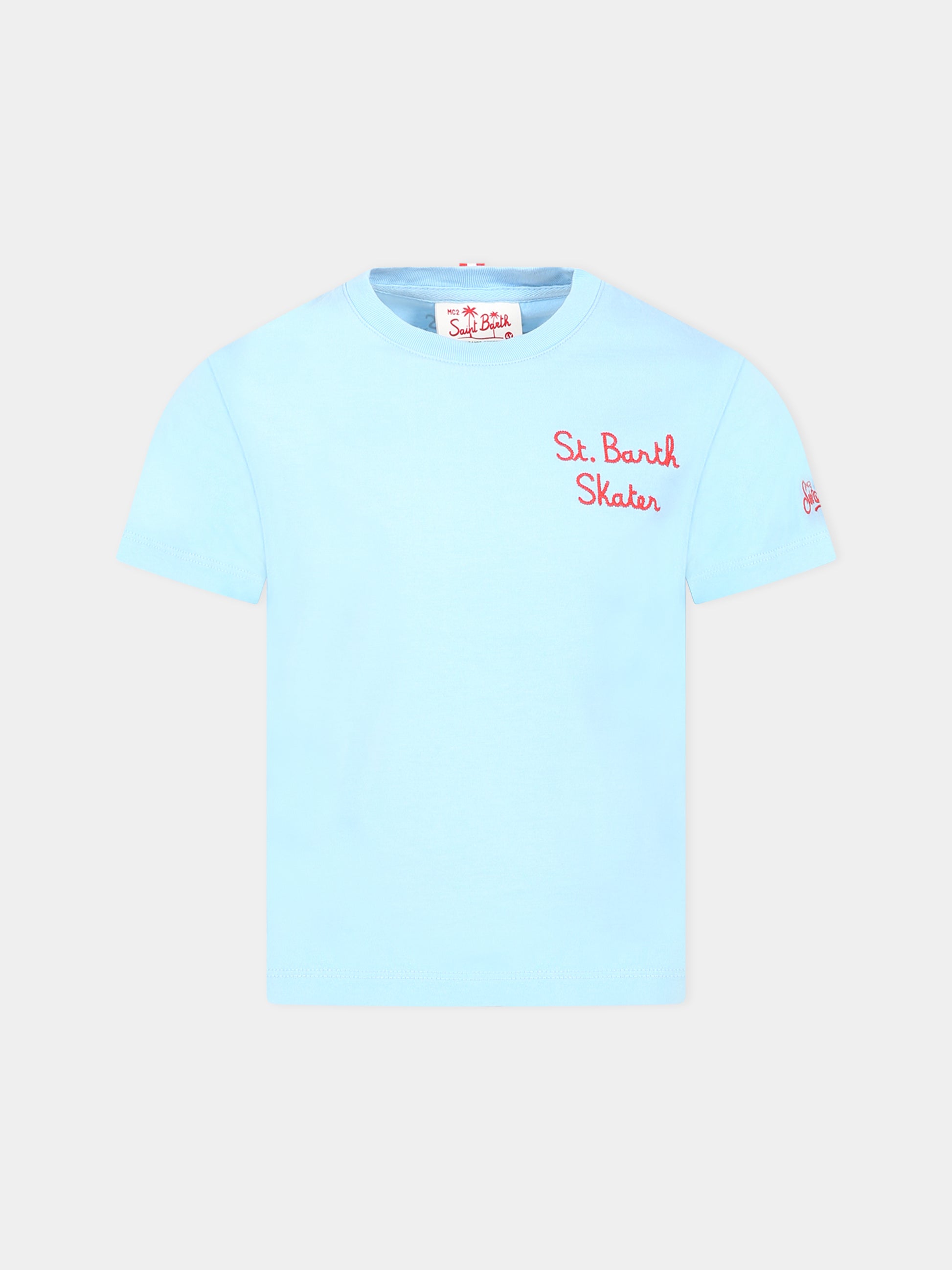 T-shirt celeste per bambino con stampa e logo,Mc2 Saint Barth,TSHIRT BOY BART SKATER 31 EMB