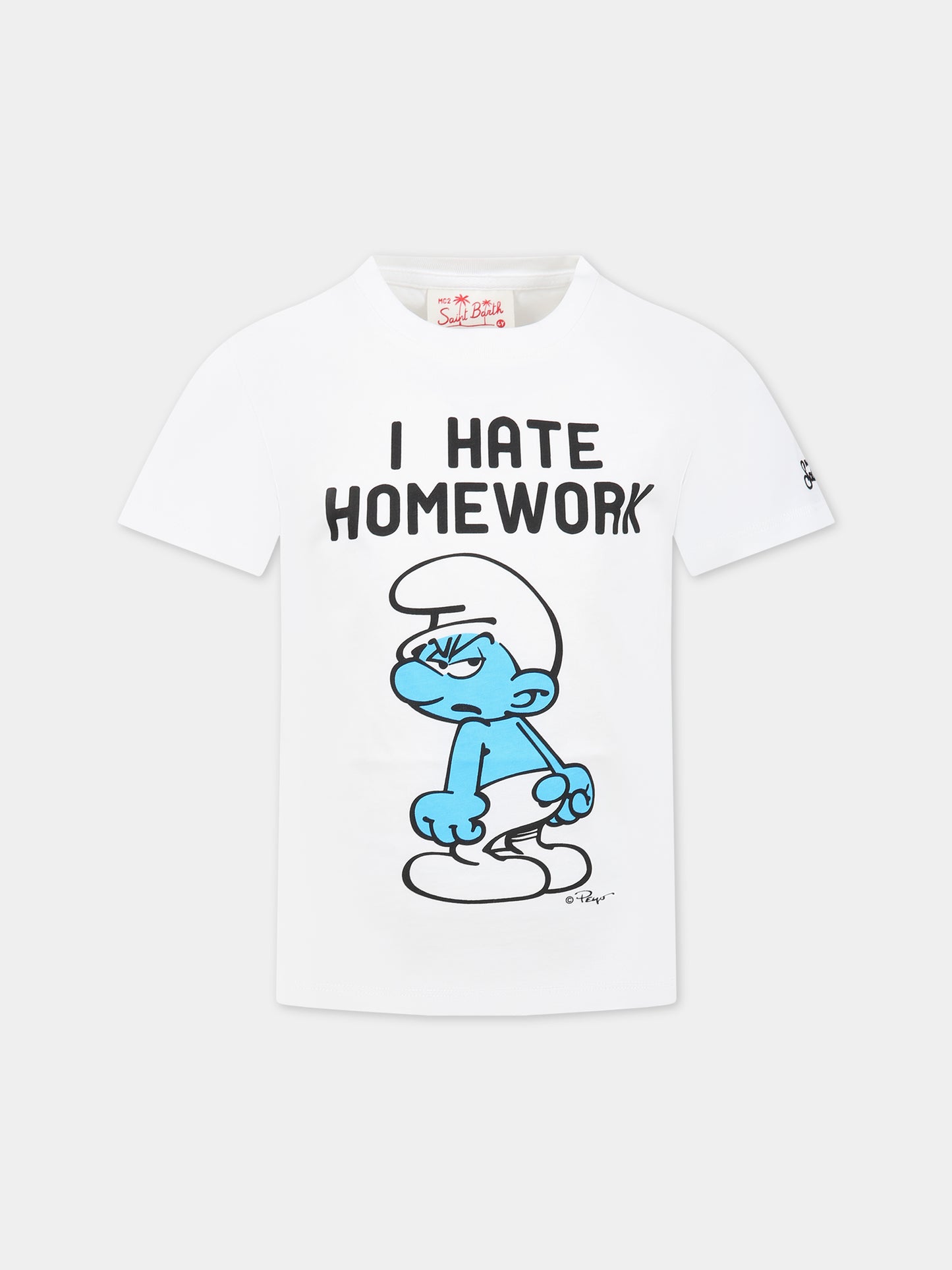 T-shirt bianca per bambino con stampa Puffo, scritta  I hate homework  e logo,Mc2 Saint Barth,TSHIRT BOY SMURF HW 01N