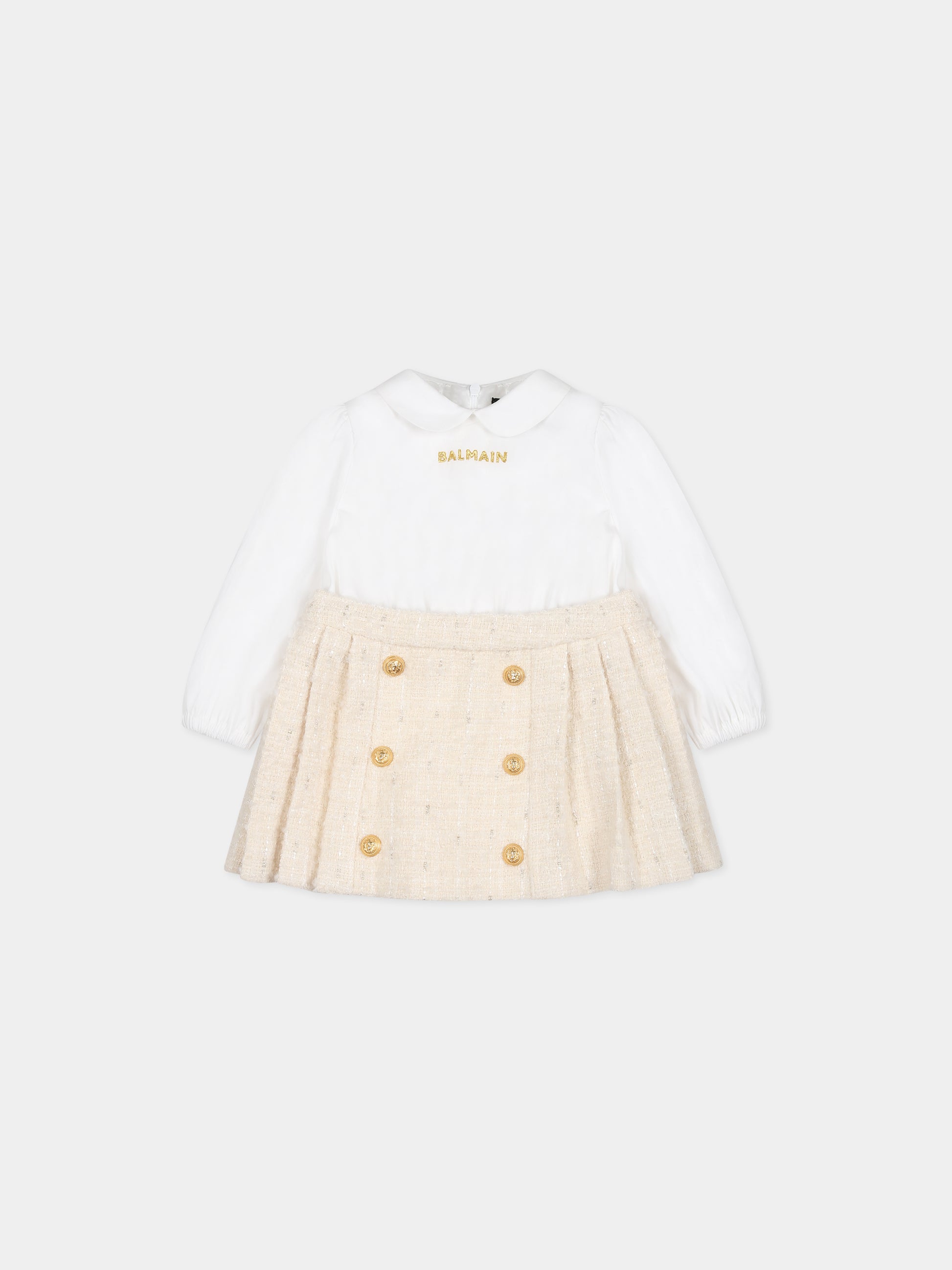 Vestito avorio per neonata con logo,Balmain Kids,BT1120 E0118 102BC