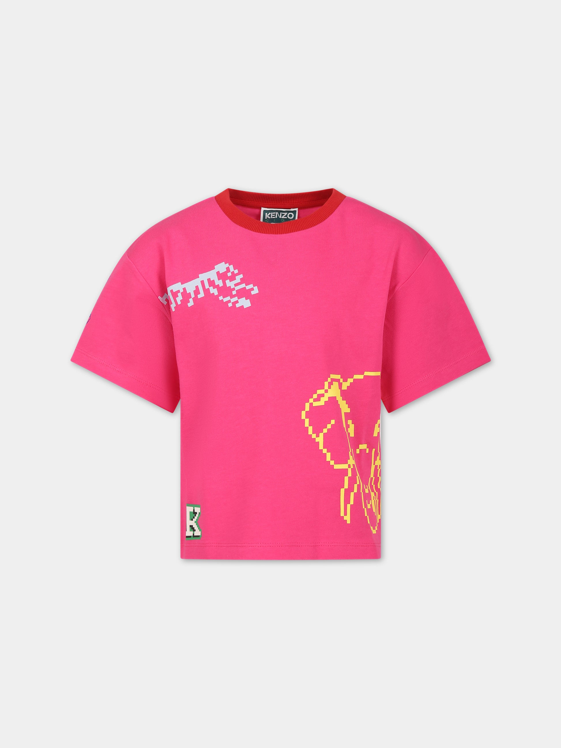 T-shirt fucsia per bambina con tigre e logo,Kenzo Kids,K15709 483