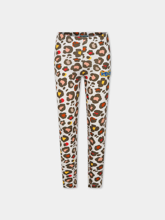 Leggings bianchi per bambina con stampa e logo,Kenzo Kids,K14266 261