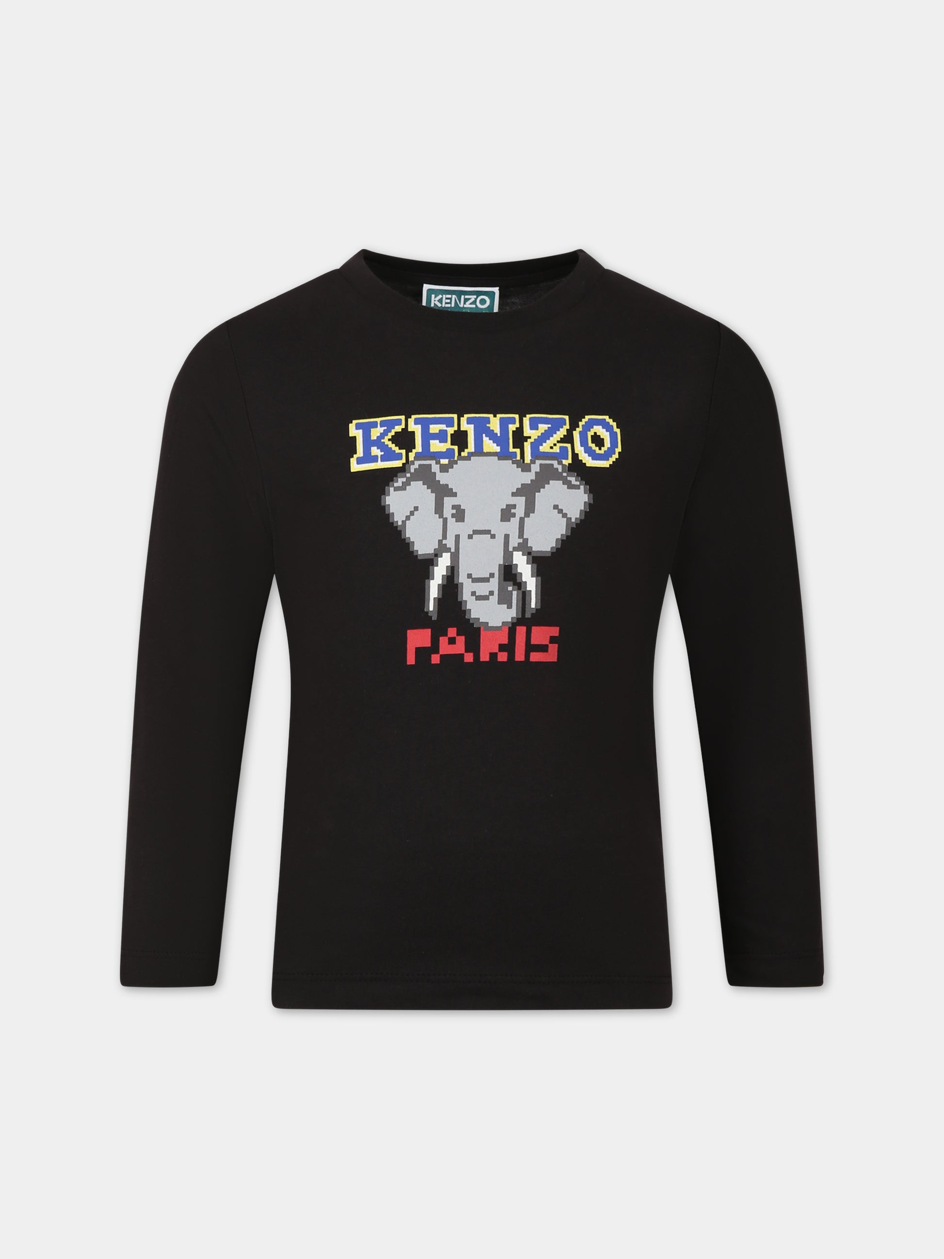 T-shirt nera per bambino con elefante e logo,Kenzo Kids,K25862 095