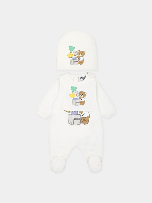 Set bianco per neonati con Teddy bear e stampa,Moschino Kids,MUY05K LCA40 10063