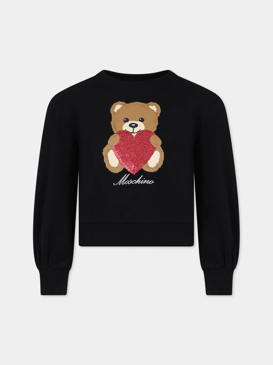 Felpa nera per bambina con Teddy Bear e cuore,Moschino Kids,HDF05E LDA14 60100