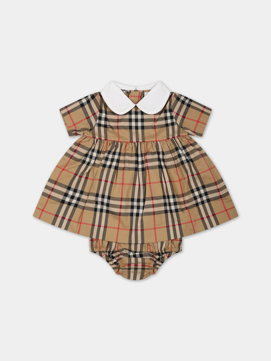 Vestito beige per neonata con iconico check vintage,Burberry Kids,8069152