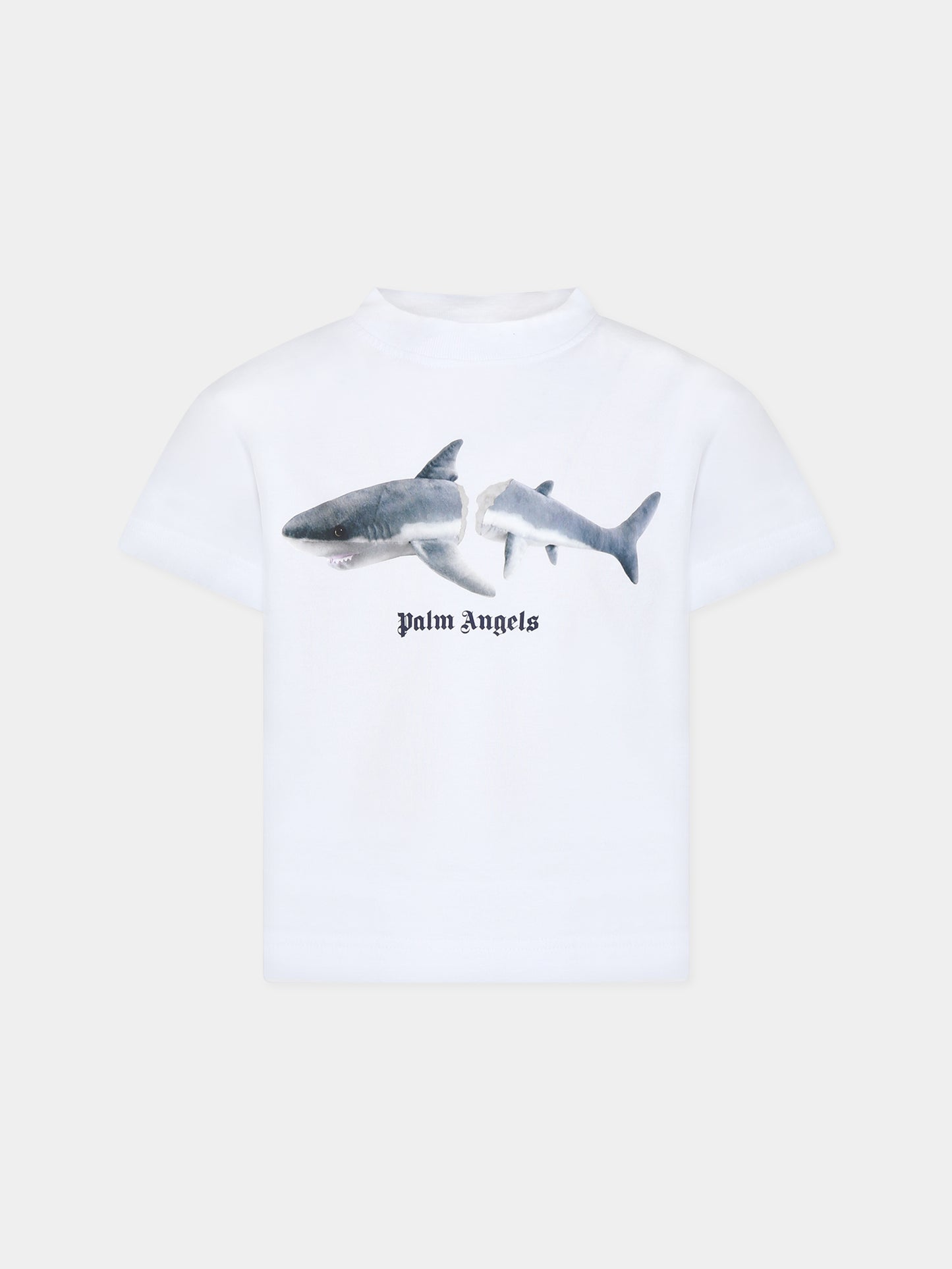 T-shirt bianca per bambino con squalo e logo,Palm Angels,PBAA003C99JER0030106