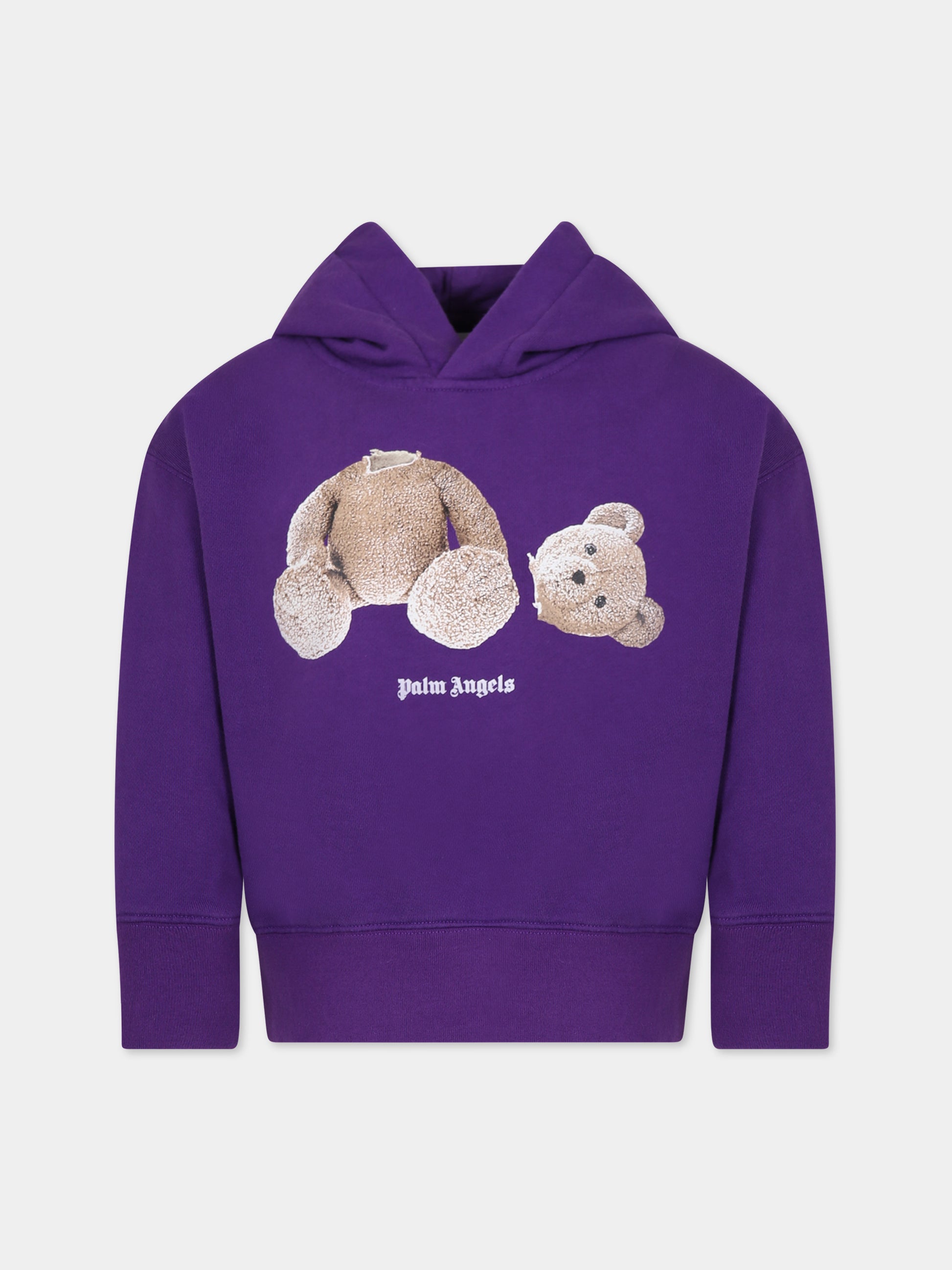 Felpa viola per bambini con orso e logo,Palm Angels,PBBB003C99FLE0013760
