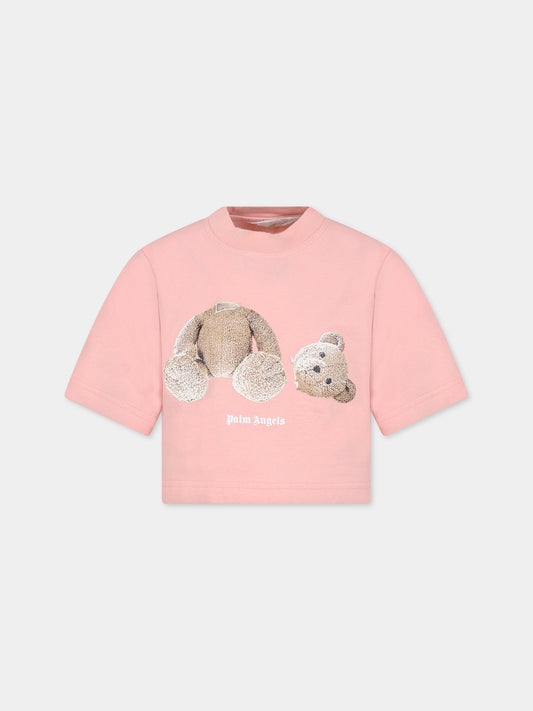 T-shirt rosa per bambina con orso e logo,Palm Angels,PGAA004C99JER0023060
