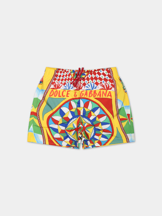 Boxer mare giallo per neonato con logo e stampa carretto,Dolce & Gabbana Kids,L1J842 G7J3L HH4KV