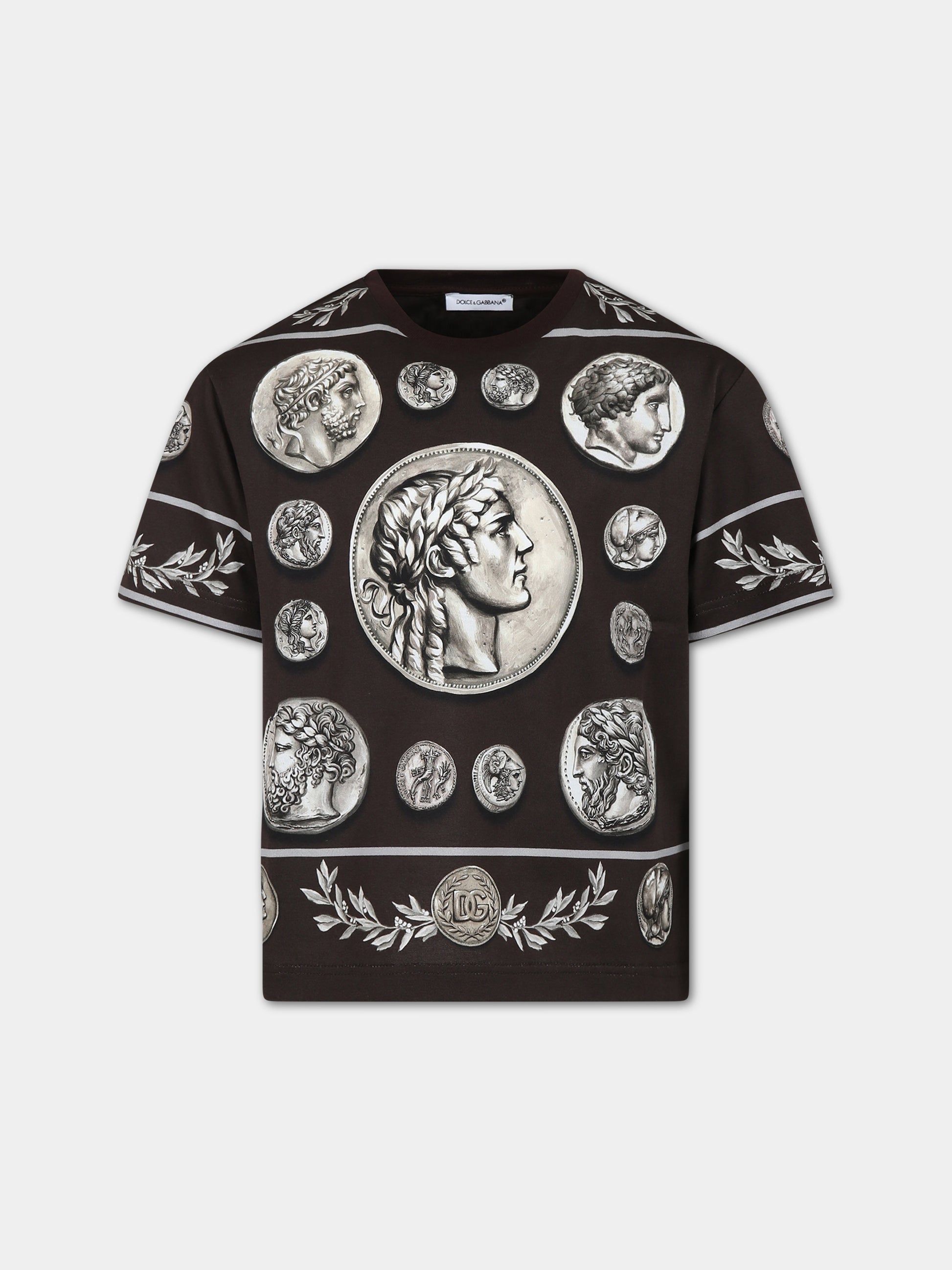 T-shirt marrone per bambino con stampa monete,Dolce & Gabbana Kids,L4JTEY G7J4I HM4RG