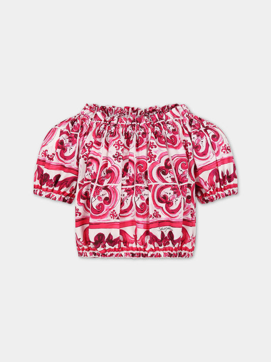 Top fucsia per bambina con stampa maioliche,Dolce & Gabbana Kids,L55S67 G7EY3 HE3TN