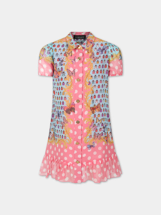 Vestito celeste per bambina con stampa iconica e logo,Versace,1011104 1A08119 5X280